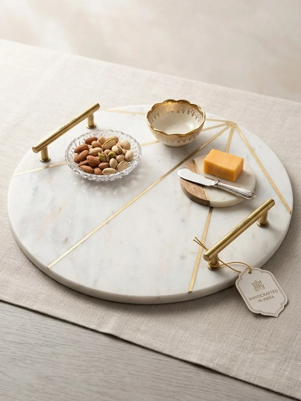 Round White Marble Serving Tray with Gold Accent Handles